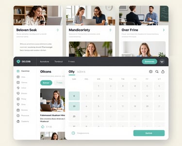 Elegant workspace with a laptop displaying automated content workflows in muted bronze tones.