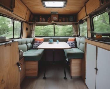 A cozy camper van interior showing a custom awning and insulated walls bathed in warm light.