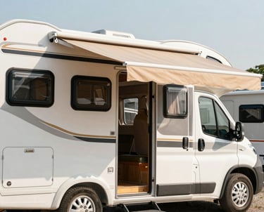 Close-up of a camper awning being extended on a sunny day.