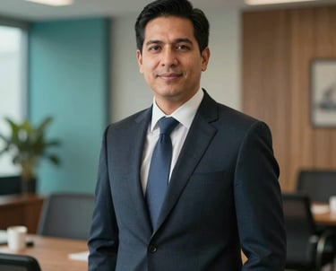 Portrait of a male migration attorney in a professional suit, standing in a well-lit office with architectural details in teal and wood, Global / Hispanohablante con enfoque en EE. UU.