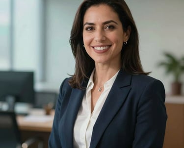 Portrait of a female legal consultant in a professional setting, blurred office background with turquoise tones, warm and approachable expression, Global / Hispanohablante con enfoque en EE. UU.