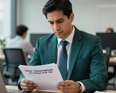 Portrait of a male professional migration expert reviewing files in a modern office, wearing professional attire, teal and dark green color accents, Global / Hispanohablante con enfoque en EE. UU.