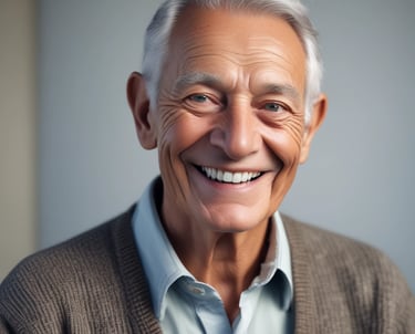 A serene scene of an elderly person smiling while speaking on a simple phone, with a caregiver listening attentively nearby.