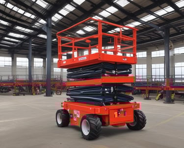 A bright yellow self-propelled scissor lift extended outdoors on a sunny construction site.