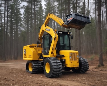 A rugged 2026 forestry mulcher clearing dense woodland under a bright sky.