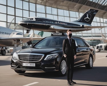 A sleek taxi car waiting outside an airport terminal at sunset.