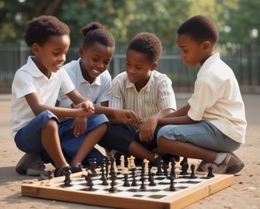 Children and adults engaged in a lively chess tournament in a community center.
