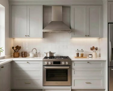 Professional spraying equipment applying even coats of paint to kitchen cabinets.