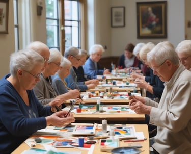 A group of smiling seniors participating in a lively chair exercise session.