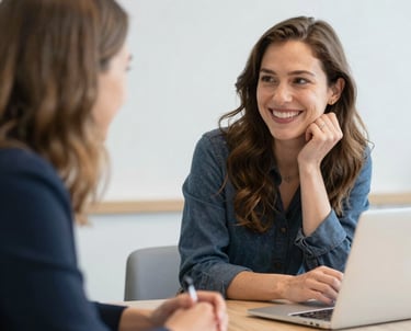 A warm meeting between a woman consultant and client, with notes and coffee on the table.