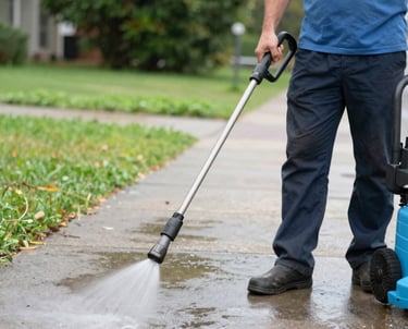 A vibrant green lawn beside a freshly washed car, with clean house siding in the background under clear skies.