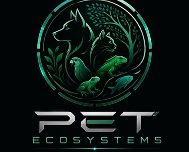 Green futuristic Pet Ecosystems logo featuring silhouettes of a dog, cat, bird, reptile, and fish.