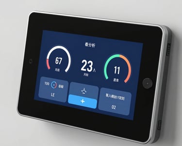 Smart home control panel with digital dashboard displaying temperature and energy usage data.