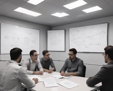 A professional team discussing communication strategies around a conference table.