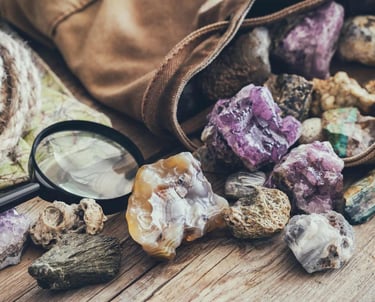 Varios cristales, minerales y piedras preciosas en bruto de colores, derramándose desde una bolsa de