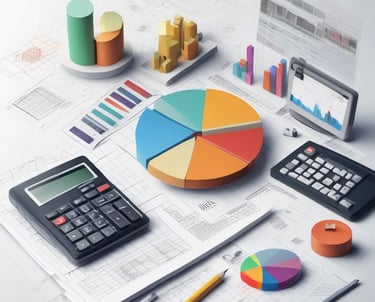 A professional workspace with a laptop displaying financial charts in blue tones.