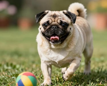 A joyful pug chasing a colorful ball in a sunny backyard.