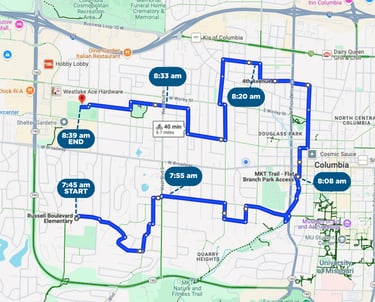 Image of the bus route with times marked