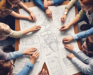 A business model canvas displayed on a corkboard features several categories with sticky notes of various colors. The categories include key partners, key activities, value proposition, customer relationships, customer segments, channels, cost structure, and revenue streams. Each category contains notes with handwritten text that describes elements of a business strategy, divided into sections using lines on the board.