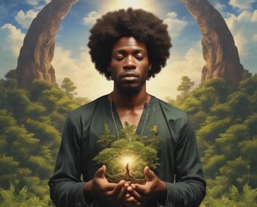 A man is sitting cross-legged in a meditative pose, wearing a yellow shirt with blue writing. He has his eyes closed, and his hands are positioned in a mudra. The background consists of a lush, green wooded area with moss and fallen leaves.