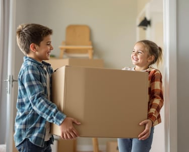 kids carrying box in new home