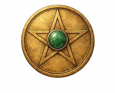 Antique bronze pentacle coin with a green jade stone center on a white background.