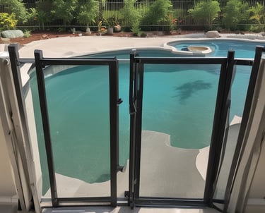 A person cleaning a swimming pool using a long pole, surrounded by patio furniture and large umbrellas on a sunny day. In the background, lush green trees and a blue sky are visible, creating a serene outdoor atmosphere.