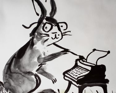 Un conejo está corrigiendo la página que tiene en su maquina de escribir