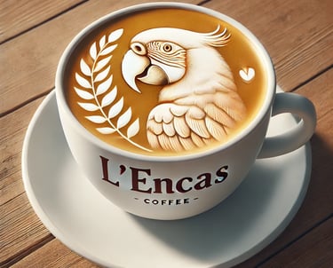 tasse de café l'encas avec un perroquet dessiné avec la mousse du café