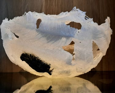 Glass object relief of white feathers and one black little feather