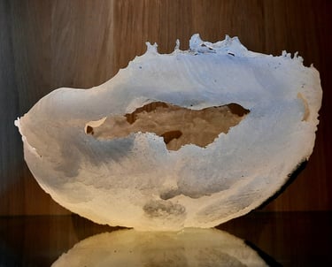 Glass object relief of white feathers and one black little feather