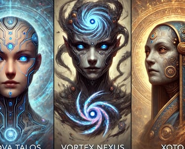 Artistic character portraits of three central characters from a science fiction novel