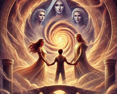 A Ethereal scene inside a vortex, featuring Dominic, Nova Talos, Xoto, Vortex Nexus standing united