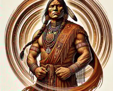 A powerful Native American male figure, dressed in traditional attire