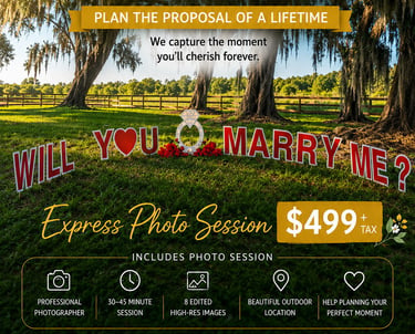 Orlando engagement proposal photography package and large Will You Marry Me sign.