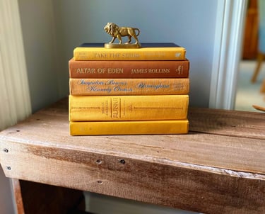 a wooden table with books as counselling resources and a horse statue