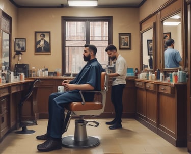 A man in a barber shop or salon is pouring some type of grooming product into his hand while looking in the mirror. The setting is a well-organized salon with various hair and grooming products neatly arranged on shelves. He is wearing a white shirt with rolled-up sleeves, a tie, and a vest, giving a professional appearance.