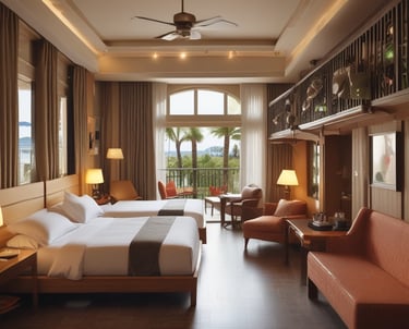 Three blue suitcases of varying sizes are arranged against a textured orange wall. The suitcases have black handles and orange wheels. A straw hat rests on the largest suitcase. Woven and wicker decorative elements are seen in the background, suggesting a travel or holiday theme.