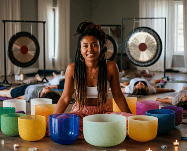Practitioner with crystal singing bowls and gongs performing group session GMS Grow My Soul