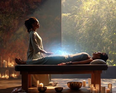 Black practitioner performing energy work (Reiki) while client lays on table