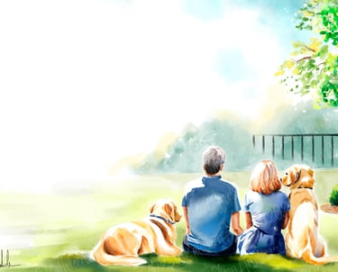 Children's Book Illustration Watercolor family sitting in grass with golden retrievers dog peaceful