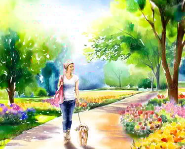 Children's Book Illustration All I Gained girl walking dog in park colorful watercolor artwork art