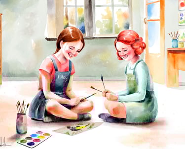illustration watercolor style two girls sitting on floor painting in classroom artwork art