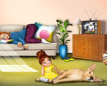 Children's illustration whimsical little girl and god bored babysitter napping funny artwork art illustrator living room