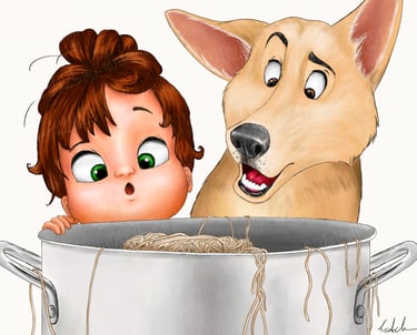 Children's Book Illustration Girl and dog looking into big pot of spaghetti cooking artwork art illustrator cartoon