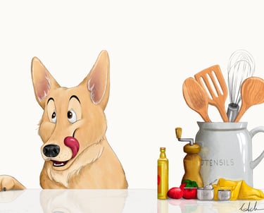 Illustration of happy dog at kitchen counter ready to help cook artwork illustration