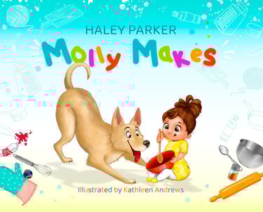 Children's Book Illustration Girl and Dog preparing dinner playful illustration cartoon artwork art Colorful Molly Makes