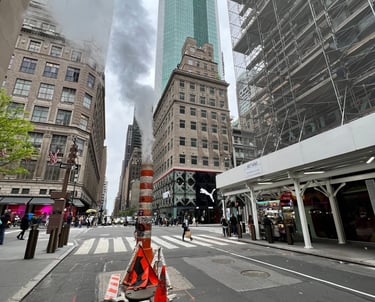 a city street scene with a fire hydrant and a traffic light