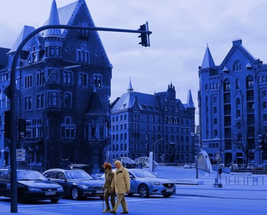 a couple cross the street without a care in their world