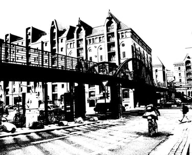 black and white image of Hamburg Germany architecture